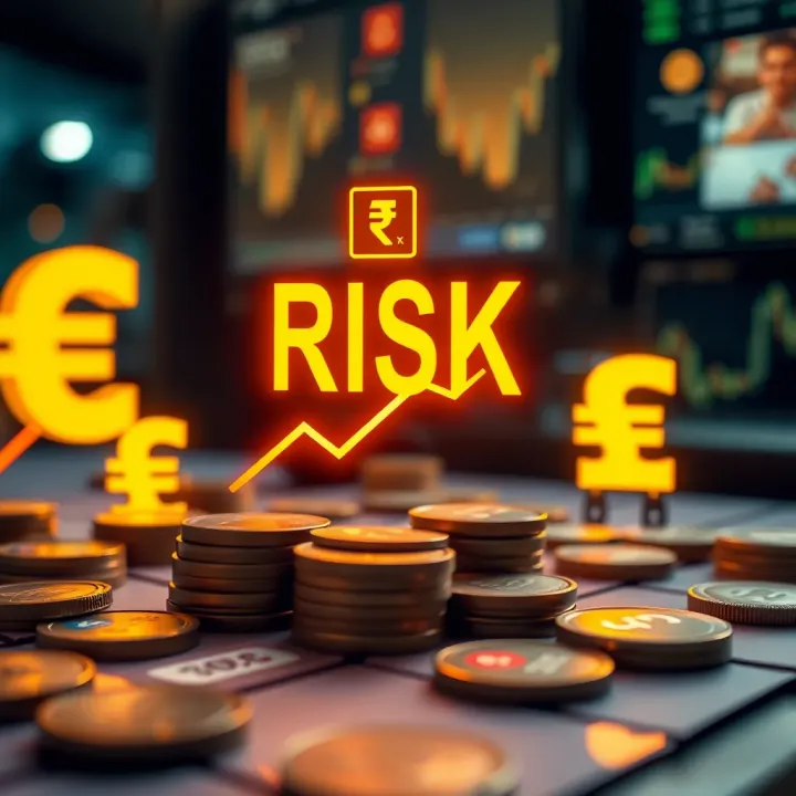 Conceptual illustration of risk management and investment decisions with digital financial icons and Indian currency symbols
