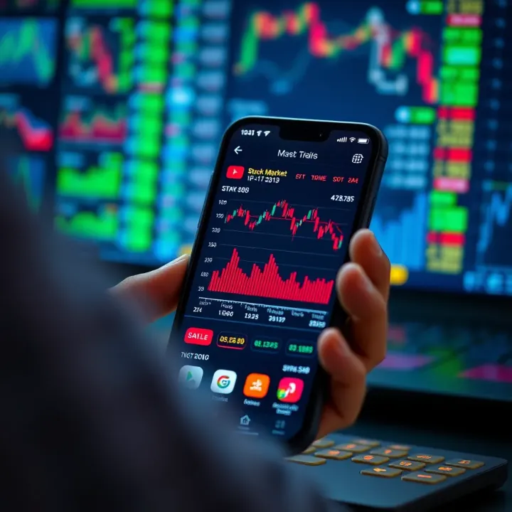 Smartphone displaying various stock market charts and indicators in an app interface