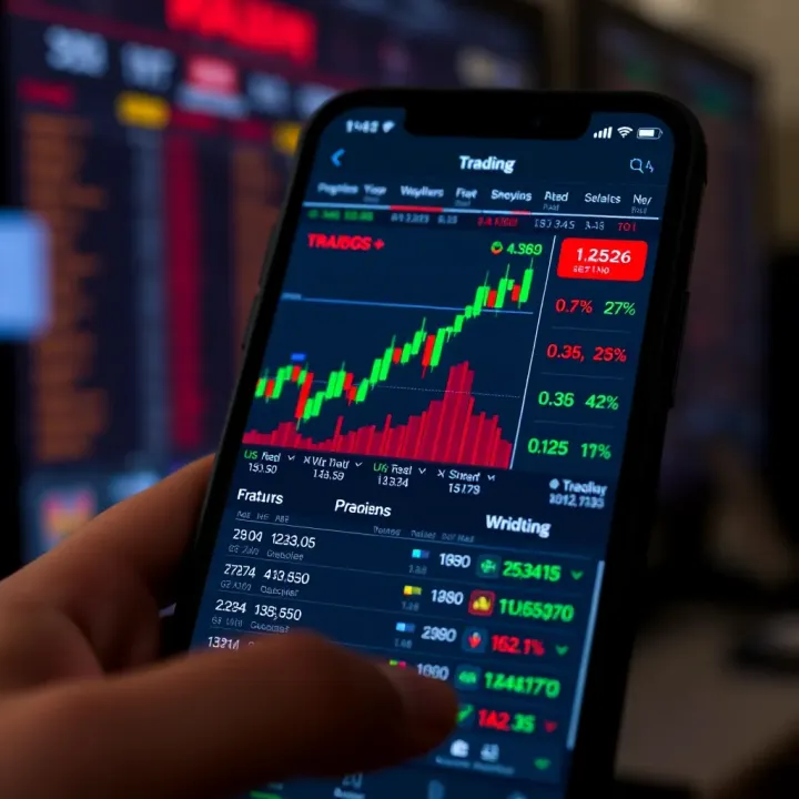 User interface showing detailed stock charts and trading options on a mobile device