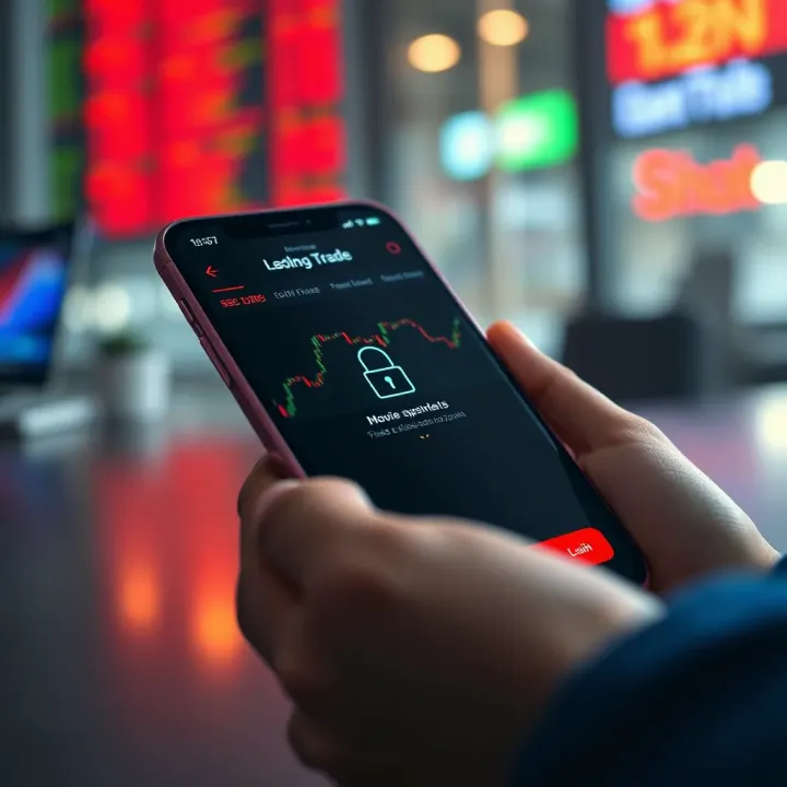 Mobile phone screen showing secure login and trading charts for share investments