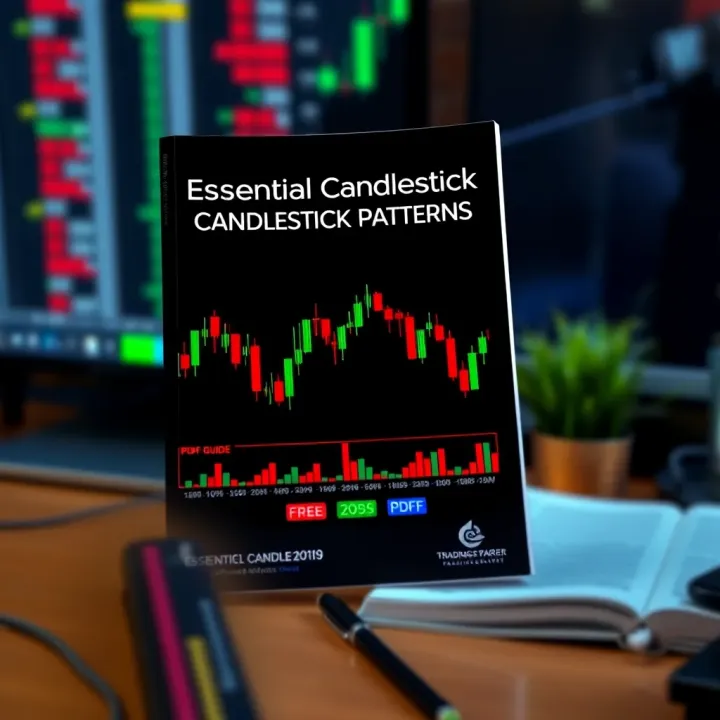 Illustration of a downloadable PDF guide covering essential candlestick patterns for traders and investors