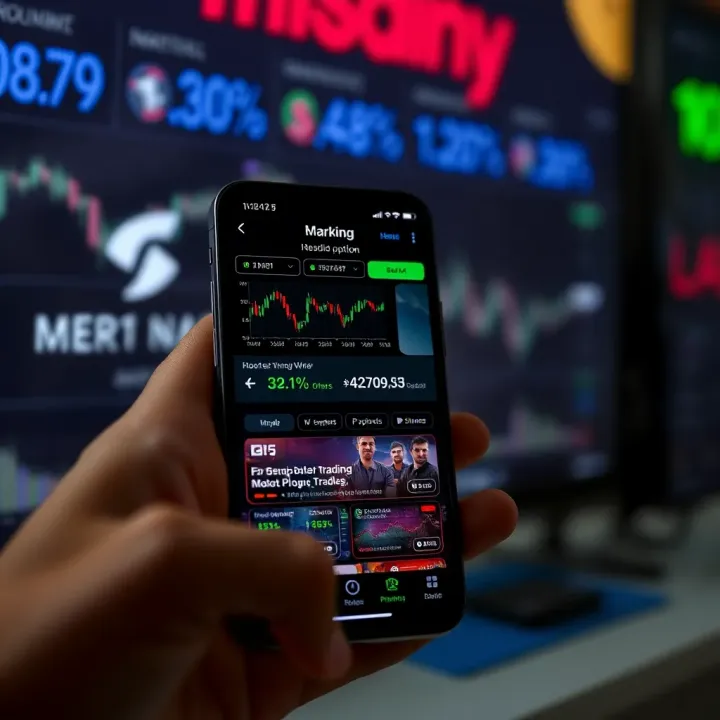Smartphone displaying various mobile trading app interfaces showcasing market charts and investment options