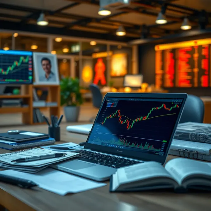 Illustration of digital learning with trading courses on a laptop and educational materials