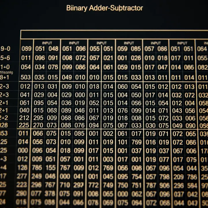 Truth Table for Binary Adder-Subtractor Inputs and Outputs Comprehensive truth table displaying all input and output combinations for binary addition and subtraction