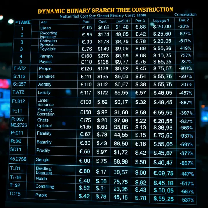 Dynamic Programming Cost Table for Optimal Binary Search Tree Construction Dynamic programming table displaying computed costs for subproblems in constructing an optimal binary search tree