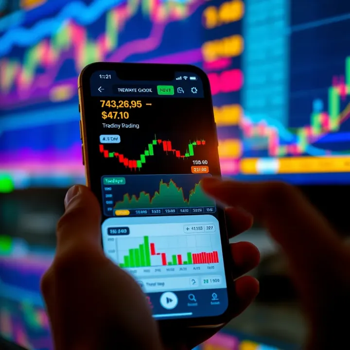 User Interface of an Online Trading Platform Showing Market Trends Mobile phone displaying an online trading app interface with stock charts and indicators