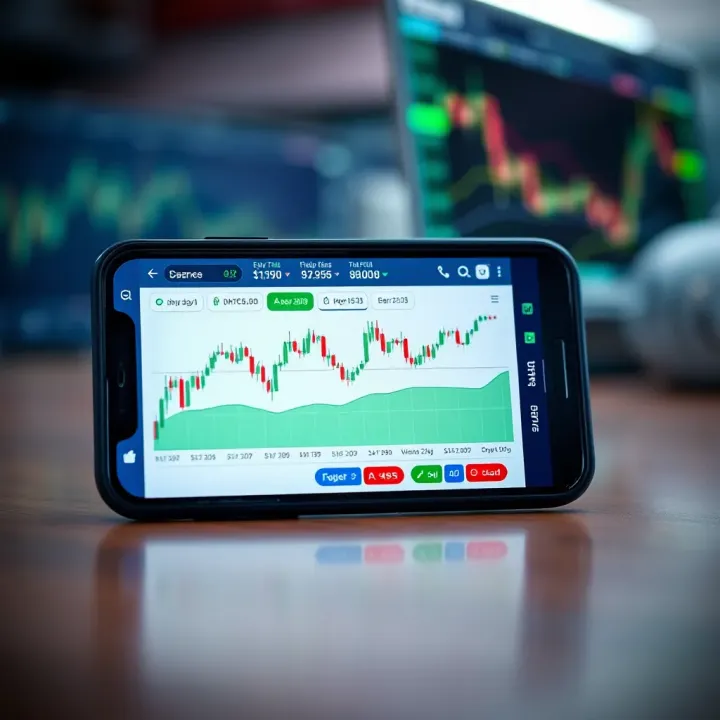 Trading App Interface with Real-Time Stock Data Mobile phone displaying a trading app interface with charts and stock data