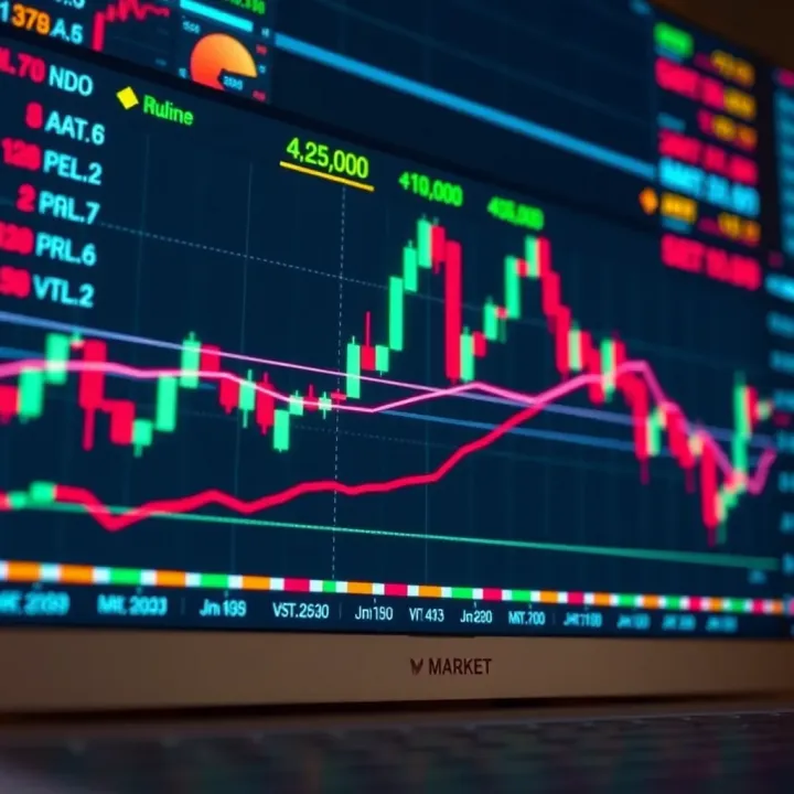 Chart displaying intraday stock price fluctuations with candlestick patterns and volume indicators