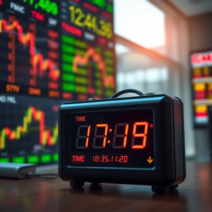 Intraday Trading Session Time Awareness in Stock Markets Digital clock showing trading session time with stock exchange background
