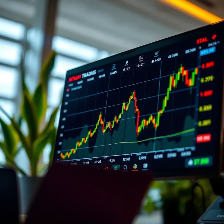 Stock market trading screen displaying fluctuating stock prices and intraday graphs