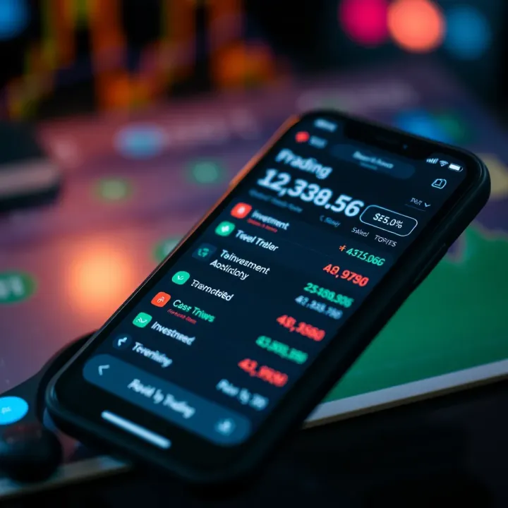 Mobile phone displaying various investment options on a trading application interface