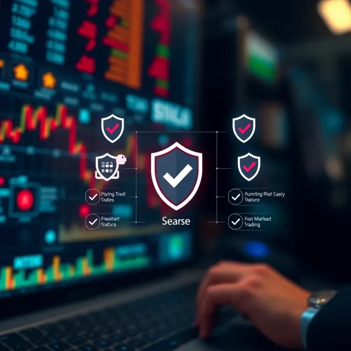 Graphic depicting a secure digital environment with shield icons and checkmarks representing safe and compliant binary trading practices