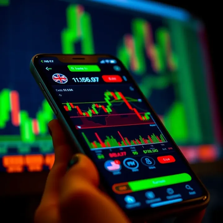 Smartphone screen displaying real-time stock market data with candlestick charts and trading indicators