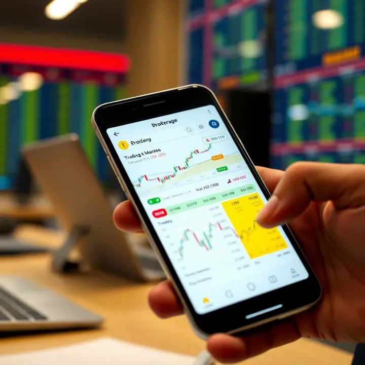Mobile phone displaying a trading app interface with charts and brokerage fee comparison
