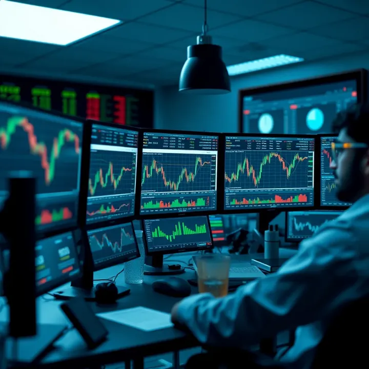Trader's desk with multiple screens displaying forex market data and charts