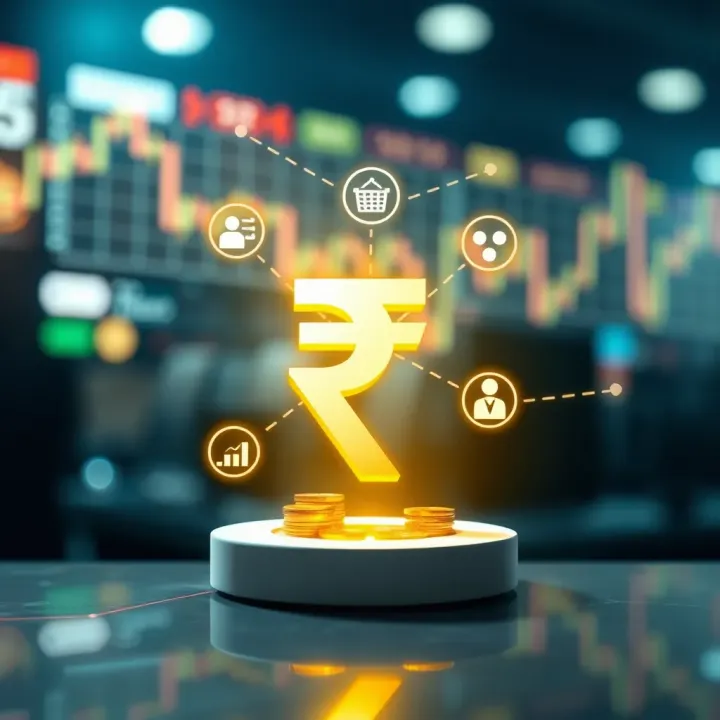 Digital Connectivity in Commission-Free Trading Platforms Conceptual graphic showing digital connection between Indian Rupee symbol and stock market icons