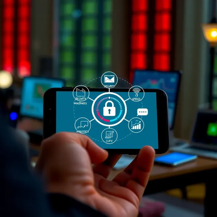 Illustration of mobile device with various icons representing key features like security, speed, and user analytics in trading