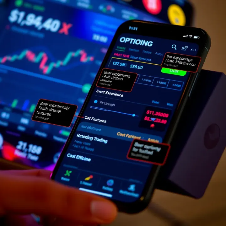 User Interface and Cost Effectiveness of Option Trading Application Mobile phone displaying an option trading app interface with key features highlighted for user experience and cost efficiency