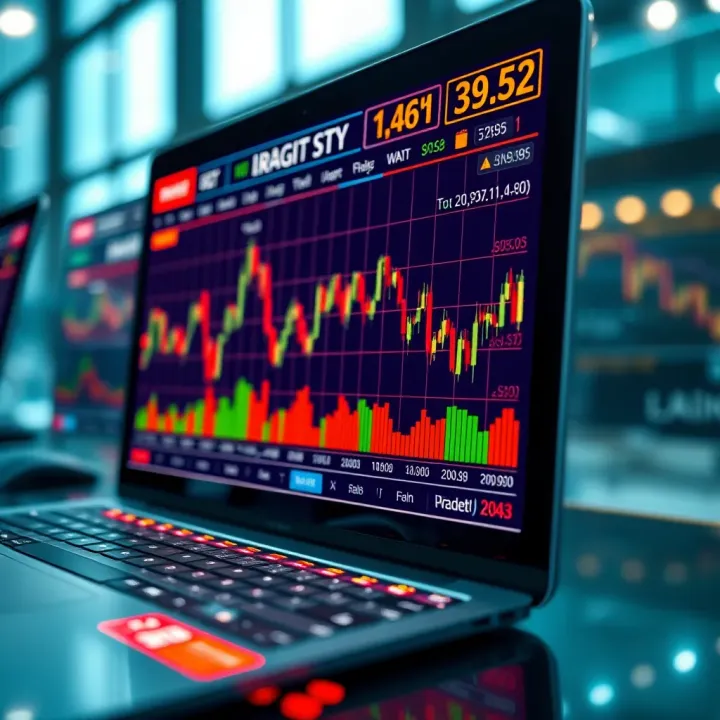 Graphical representation of stock market trends and investment simulation on a digital platform