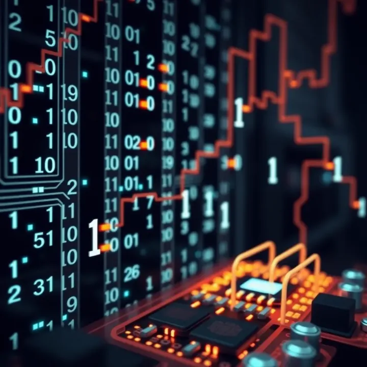 Visual representation of binary digits flowing through a digital circuit board
