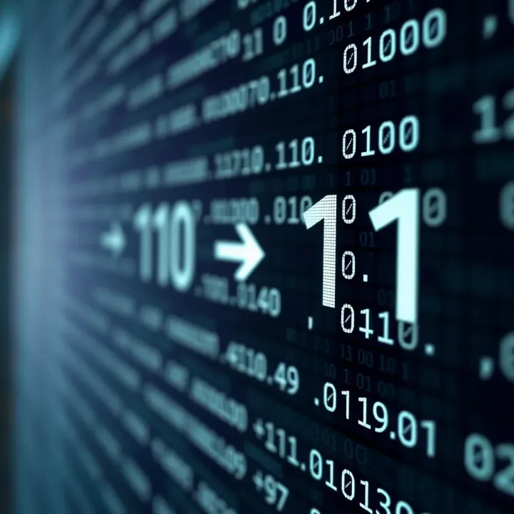 Graphic showing the conversion process between binary and decimal number systems with arrows indicating direction