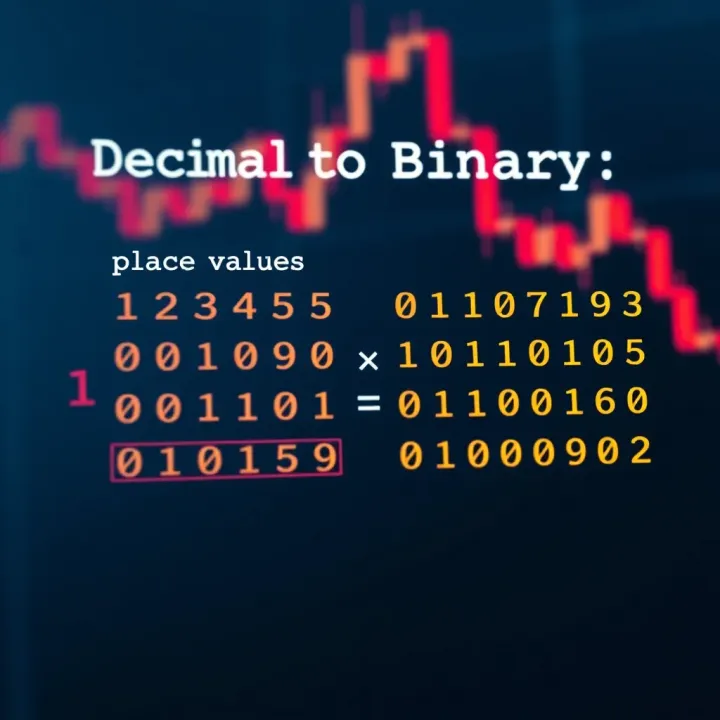 Diagram showing conversion between decimal and binary numeral systems highlighting place values