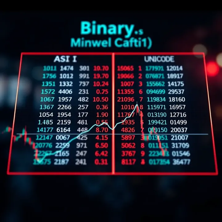 Chart demonstrating ASCII and Unicode character encoding methods for converting binary data to readable text