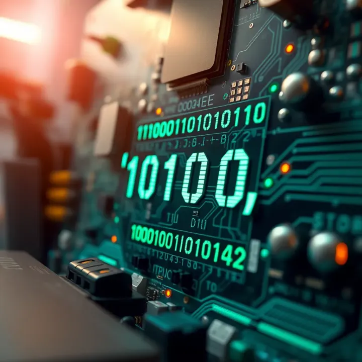 Visual depiction of binary code applied in digital electronics with circuits and data flow