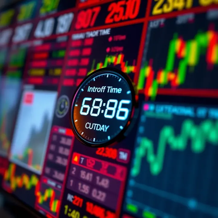 Intraday trading schedule with highlighted cutoff time on a digital clock and stock market chart