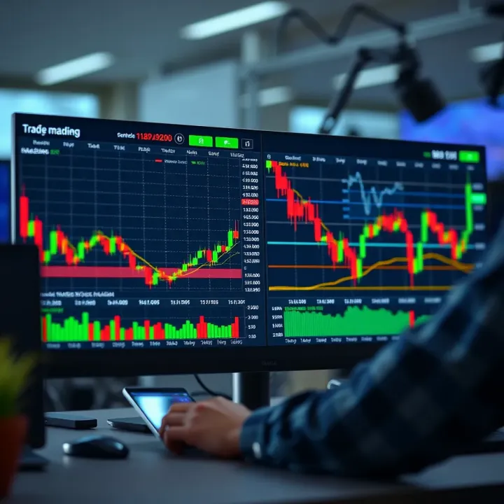 Digital interface showing simulated stock market trading with graphs and charts