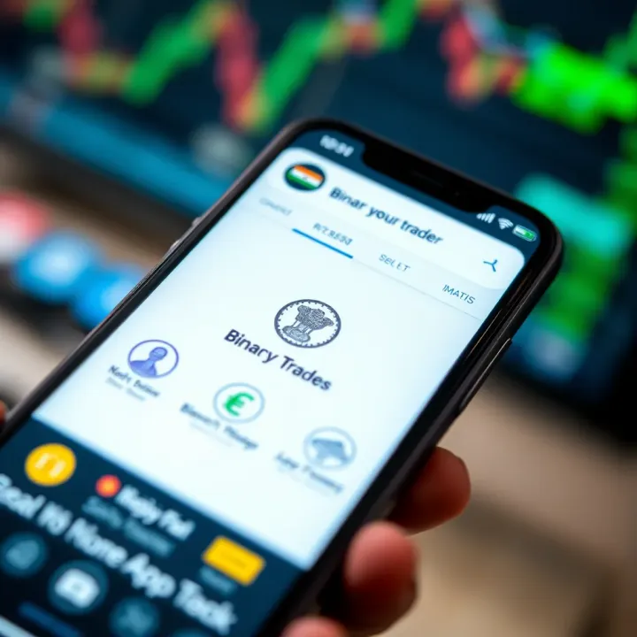 Illustration showing a mobile phone screen displaying binary trading app interface with Indian currency symbols and regulatory icons