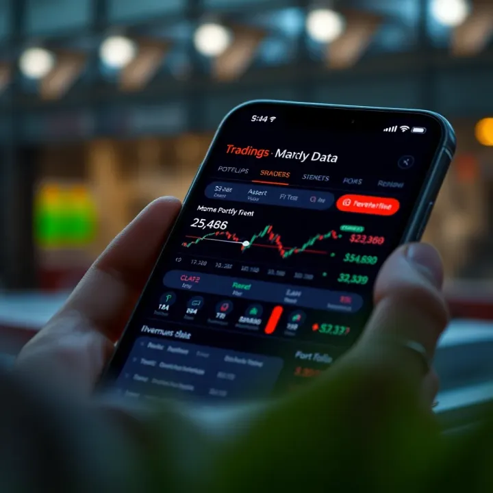 Mobile phone screen displaying investment app interface with stock charts and portfolio overview