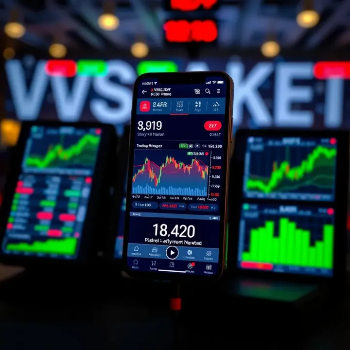 Smartphone displaying a trading application interface with market charts and data