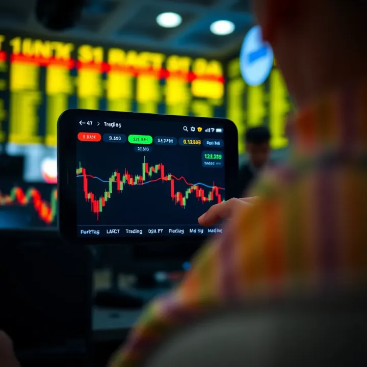 User interface of a trading application showing stock market charts and trading options