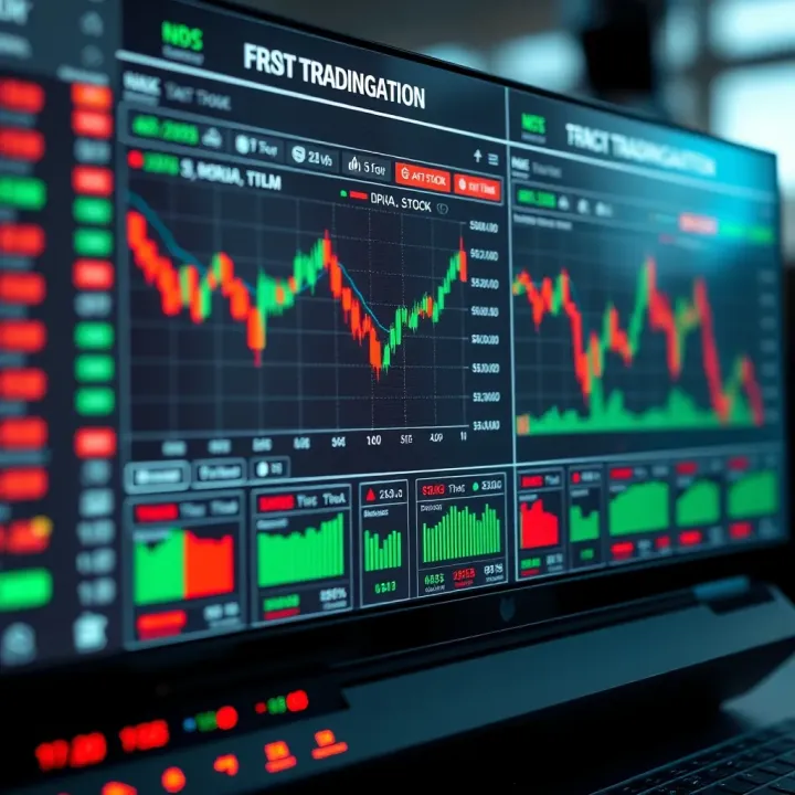 Virtual stock trading platform interface showing charts and simulated trade options