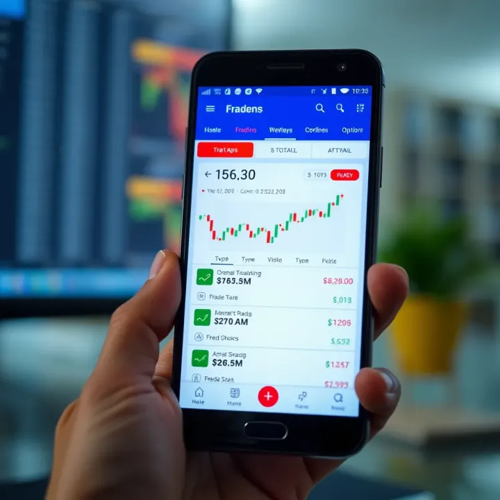 User Interface of a Virtual Options Trading Application Mobile screen showing user interface of a virtual options trading app with charts and trading options